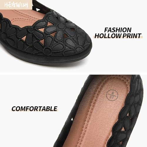 Image of HEAWISH Women's Women's Flats Shoes Ballet Flats for Women,Black Flats Floral Dress Shoes with Heel,Pu Leather Flats Shoes Women Dressy Comfortable Slip on Loafer