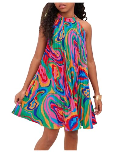 Girl's Graphic Halter Dress Summer Flowy Vacation Sleeveless Pleated Short Dresses
