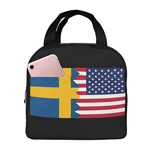 Half Swedish American Flag Reusable Portable Foil Thickened Insulated Bento Bag For Both Men And Women
