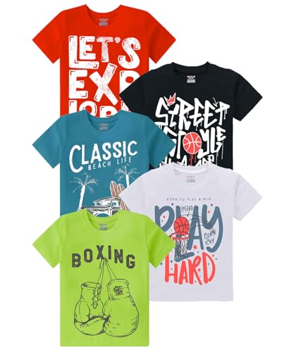 Image of kiddeo Boys Cotton Printed Regular Fit T-Shirt(Pack of 5)