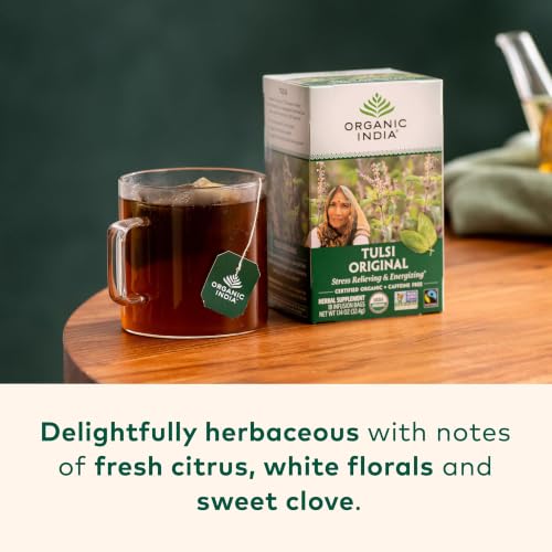 Image of Organic India Tulsi Original Herbal Tea - Holy Basil, Stress Relieving & Energizing, Immune Support, Adaptogen, Vegan, USDA Certified Organic, Non-GMO, Caffeine-Free - 18 Infusion Bags, 1 Pack