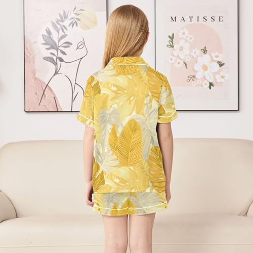 ALAZA Yellow Gold Palm Leaves Pajamas Satin Pajama Set Short Sleeve Button Down Sleepwear4