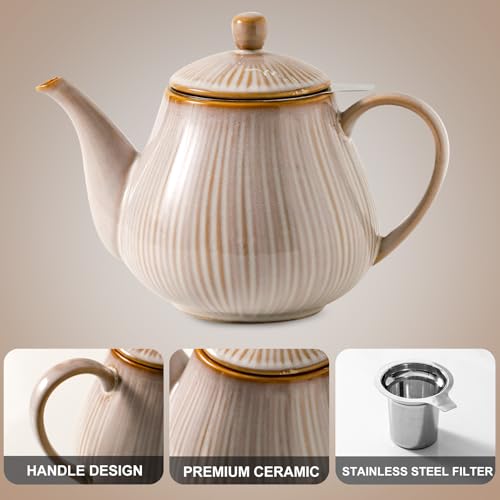 Image of HVH 40 oz Porcelain Teapot with Stainless Steel Infuser, Ceramic Tea pot with Infuser for Loose Tea, Enough For 6 Cups, Striped Series (Sand Color)