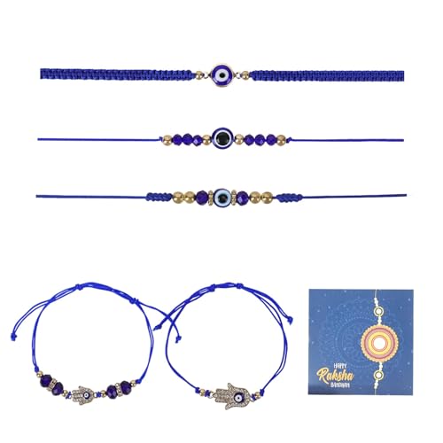 Zilaro Rakhi for Brother and Bhabhi 5Pcs Blue Evil Eye Bracelets with Greeting Card Adjustable Woven Bracelet for Indian Raksha Bandhan Bhai Dooj
