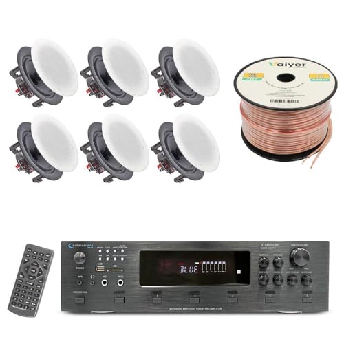 Vaiyer - Kit de Sistema de Cine en casa, Amplificador Bluetooth de 6 Canales de 6000 vatios con 6.5 Pulgadas, 6 Unidades de 200 W, Cada uno sin Marco y 16 AWG de 250 pies, Cable de Altavoz Perfecto