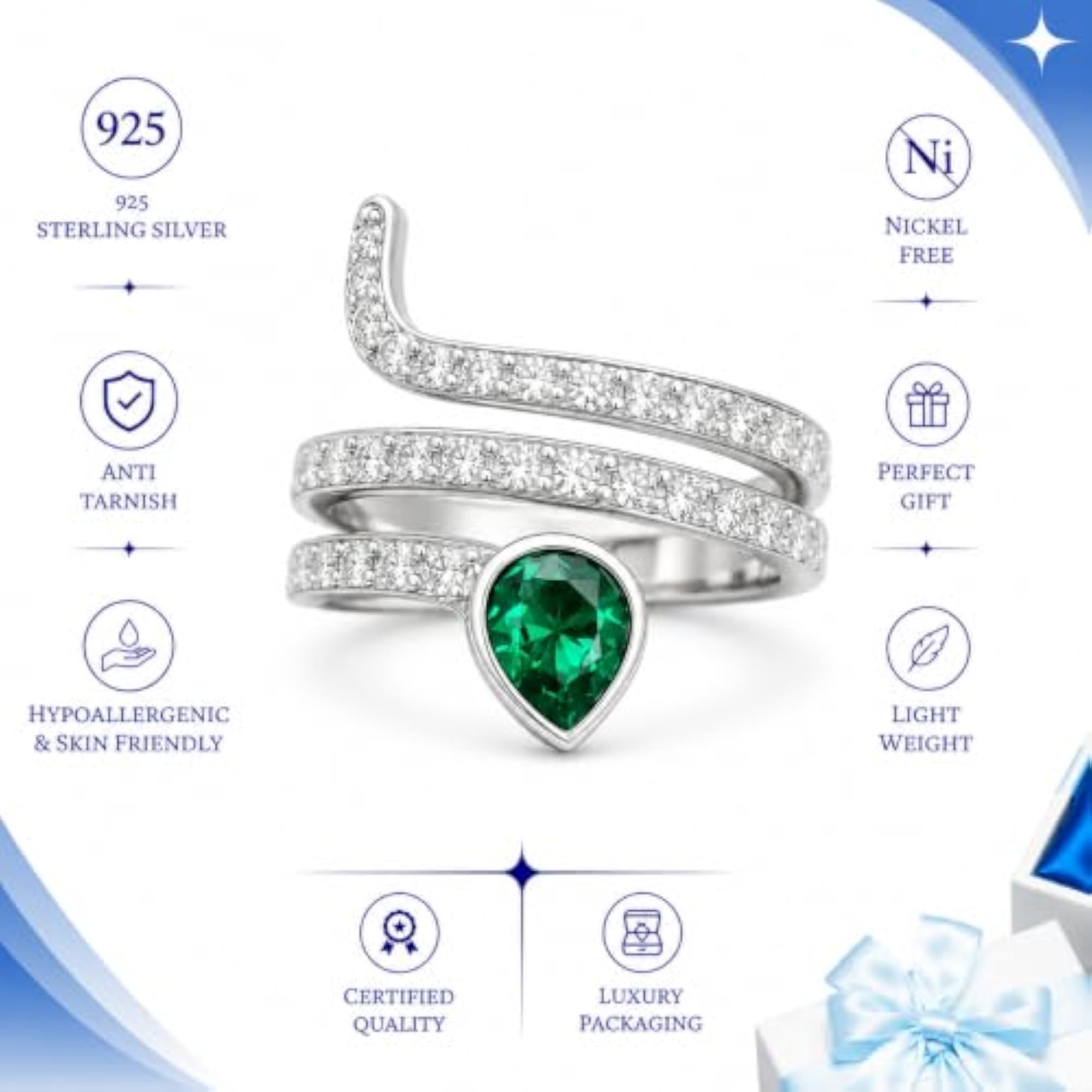 Emerald Elegance Crystal Wrap Ring in Sterling Silver
