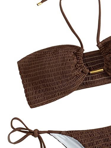 Sweatyrocks Women's 2 Piece Bathing Suit Ribbed Tie Side Halter Bikini Swimsuit Coffee Brown S #TOP2