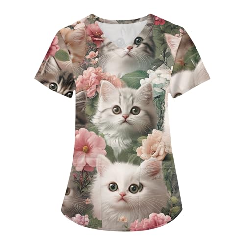 OIOLOYJM Printed Scrub Tops Women V Neck Short Sleeve Plus Size Scrubs for Womens Nursing Uniforms Shirts with Pockets