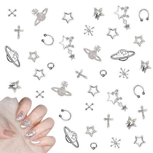 ネイルパーツ パンク 110個セット 3D 立体 大きめ 十字架 星 惑星 クロス X形 揺れる 地雷系 ネイルストーン シルバー デコパーツ ネイルアート パーツ メタル ジュエリーパーツ 合金 DIY 手芸素材 (B シルバー)