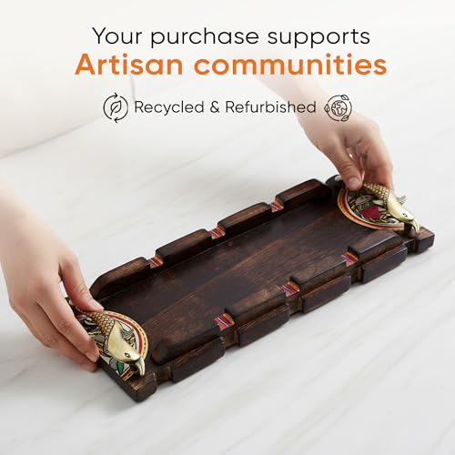 Image of AAKRITI ART CREATIONS Handcrafted Tray with Warli Design & Fish Handles | Madhubani Art | Brown Wooden Tray | Matte Finish Serving Tray | Tray for Dining Table & Kitchen