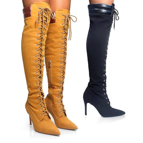 Liliana Womens ladies thigh high over the knee boots stiletto heel lace up2