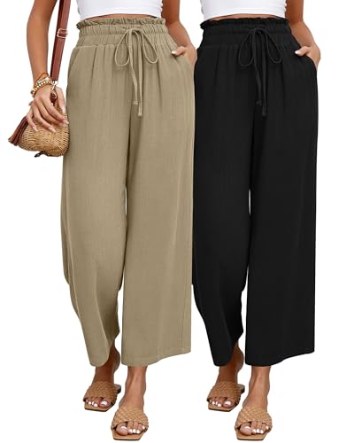 Riyiper 2 Pcs Women's Wide Leg Pants, Casual Linen High Waisted Cropped Trousers with Pockets Drawstring Loose Palazzo Pants (Black, Khaki, XX-Large)