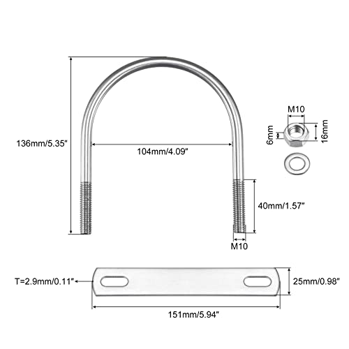 Image of uxcell Round U-Bolts, 104mm(4.09 inch) Inner Width 136mm Length M10 304 Stainless Steel U Clamp Bolt with Nuts Washers and Plates, for Boat Trailer