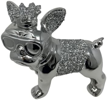 Crystal Crown Bling Crushed Diamond Silver Bull Dog Ceramic Sparkly Crowned Puppy Shelf Sitter Ornament