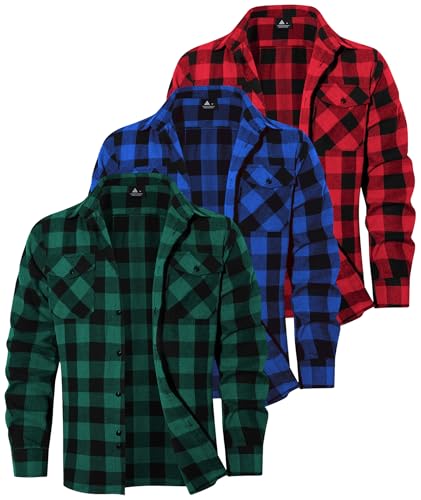 3 Pack Mens Flannel Shirt Long Sleeve Plaid Shirts Casual Button Down Buffalo Plaid Checkered Cotton Jacket