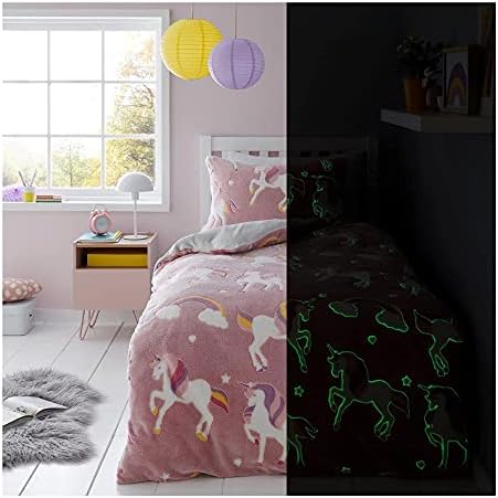 Lions Unicorn Bedding Set Single Bed Size - Glow in The Dark Teddy Fleece Duvet Cover with Matching Pillowcase, warm Cosy Cuddly Quilt Covers, Bedroom Accessories, Pink 137x200cm