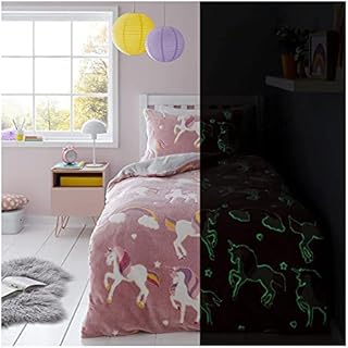 Lions Unicorn Bedding Set Single Bed Size - Glow in The Dark Teddy Fleece Duvet Cover with Matching Pillowcase, warm Cosy Cuddly Quilt Covers, Bedroom Accessories, Pink 137x200cm
