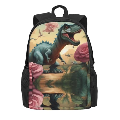 Dinosaurs Roses Large Capacity Travel Backpack - Polyester Backpack,Multi-Functional Storage Bag2