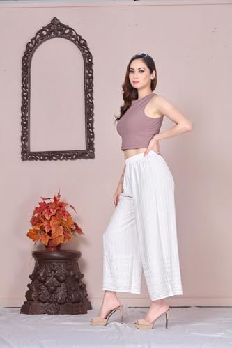 Image of VIVIKA Chikankari Palazzo Pants for Women |Rayon Wide Leg Ethnic Palazo with Embroidery | Comfortable Elastic Waist Women's Palazzo for Casual, Festive & Office Wear