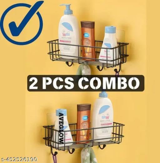 (Pack of 2) Steel Self-Adhesive Multipurpose Bathroom Shelf with Hooks/Towel Holder/Rack/Bathroom Accessories-Wall Mount - Pack of 2 (Black,Powder Coated) 3