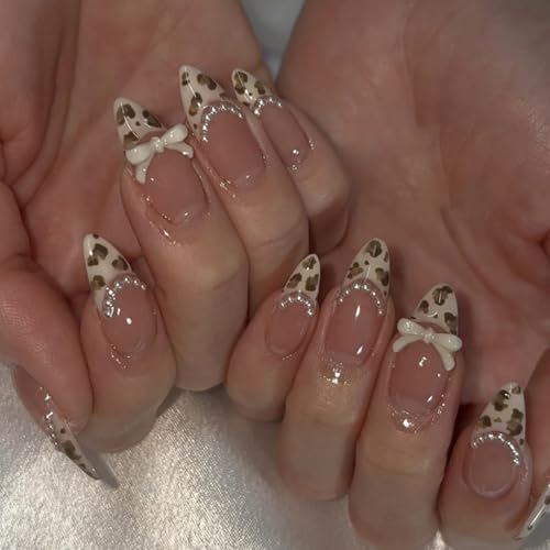 Image of Leopard Print Press on Nails Medium Almond Fake Nails French Tip False Nail with Pearl Design Bow Glue on Nails Glossy Artificial Acrylic Full Cover Stick on Nail for Women Manicure 24Pcs