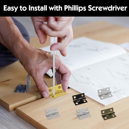Bohoray 112 Stk Scharniere Klappbar Klein, Mini Schanier 18 * 15 mm, 4 Farben Metall Scharniere Klein, Schaniere mit 448 Schrauben, Scharnier mit Schraubendreher für Schmuckbox Cabinet Holzkiste DIY