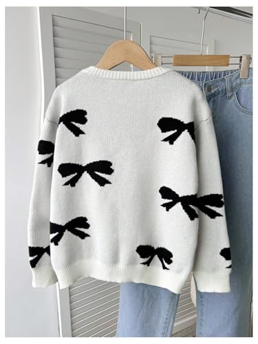 Image of BEAUDRM Girl's Bow Sweater Crew Neck Cute Sweaters Long Sleeve Knit Pullovers Sweater
