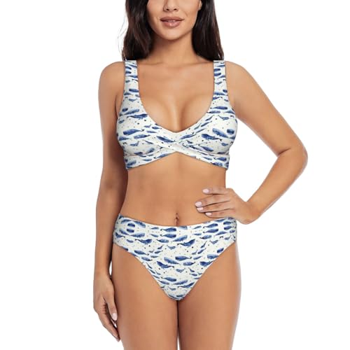Conjunto de bikini de natación de ballena azul pequeña para mujer, trajes de baño de 2 piezas de cintura alta para mujer 2024 con control de abdomen, Negro -, M