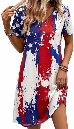 Image of MYHALF 4th of July Patriotic Dress for Women - American Flag V Neck T Shirt Dress Red White and Blue Summer Dresses