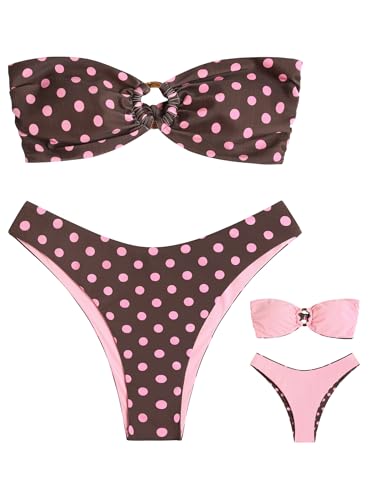 Image of ZAFUL Women's Bandeau Bikini O Ring Strapless Tie Back High Cut Two Piece Swimsuit Bathing Suits
