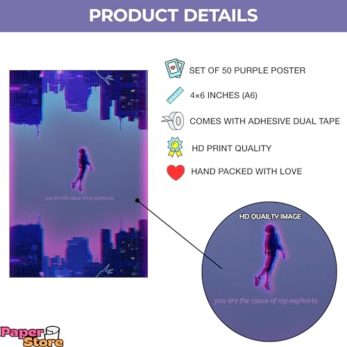 Image of Paper9store Pack Of 50 Aesthetic Wall Collage Kit - 4?6 Inches Self Adhesive Wall Posters For Bedroom, Living Room, Office A6 Size (Purple)