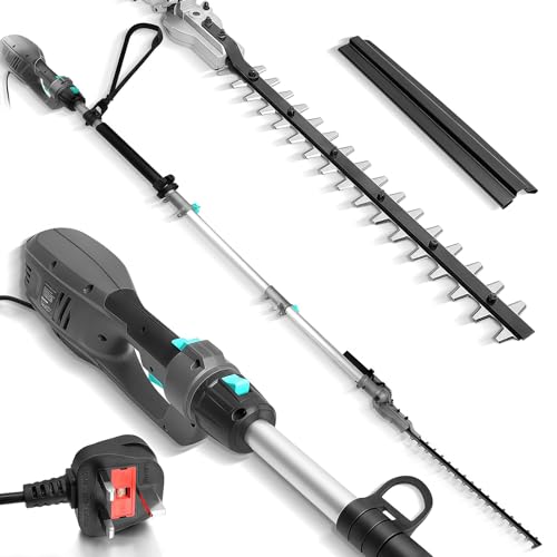Bluemars Heavy Duty 1010W Pole Hedge Trimmer - 2.6m Long Reach Telescopic Extendable Cutter For Hedges Bushes Branch Shrub - 10m Cable Adjustable Head 45cm Dual Action Blades 20mm Tooth Spacing