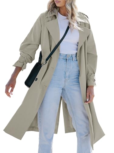 Image of Tankaneo Womens Long Trench Coat Double Breasted Notch Lapel Lightweight Oversized Windproof Fall Overcoat with Belt