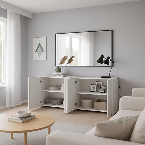 Dmora - Buffet Addis, Buffet du Salon, Commode de Salon, Garde-Manger de Cuisine, Made in Italy, 180x38h79 cm, Blanc Brillant