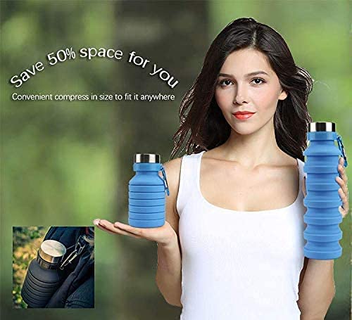 Image of we3 Collapsible Water Bottle, 550ml Reusable Silicone Light Water Bottles for Travel Outdoor Portable Leakproof Drinking Bottles with Carabiner (Blue, Pack of 2)