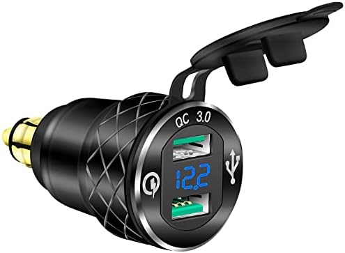 DaierTek DIN Hella Plug to Dual USB Charger Adapter for BMW Triumph Tiger Ducati Motorcycle Quick Charge QC 3.0 Powerlet Waterproof with Blue LED Voltmeter