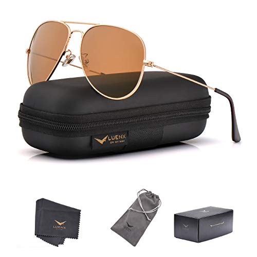 LUENX Aviator Sunglasses for Mens Polarized Brown Amber Lenses Gold Metal Frame UV400 Protection Classic Style