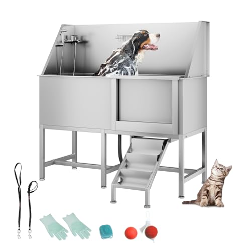62" Professional Stainless Steel Dog Bathing Station, Large Dog Washing Station W/Dog Bath Brush, Washing Gloves, Floor Grate, Dog and Cat Bath Tub, Dog Washing Sink (62 Inch Left Door)