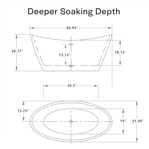Image of Empava 67 inch Luxury Freestanding Soaking Bathtub - Modern Oval Spa Tub for Deep Relaxation & Master Bathroom Sanctuary, High-Gloss Acrylic with Brushed Nickel Overflow and Drain, cUPC Certified