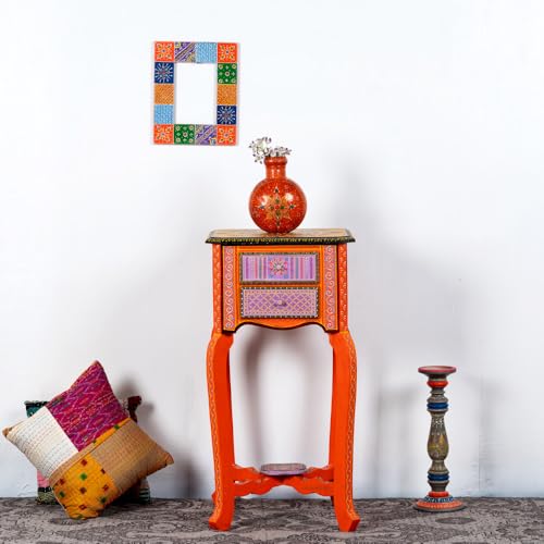 Image of Wooden Bedside Table for Bedroom | 2 Drawer Side Table | Handpainted Rajasthani Chest of Drawers | Solid Wood Small Bedside Table with Drawer Storage for Living Room & Home (Handpainted)
