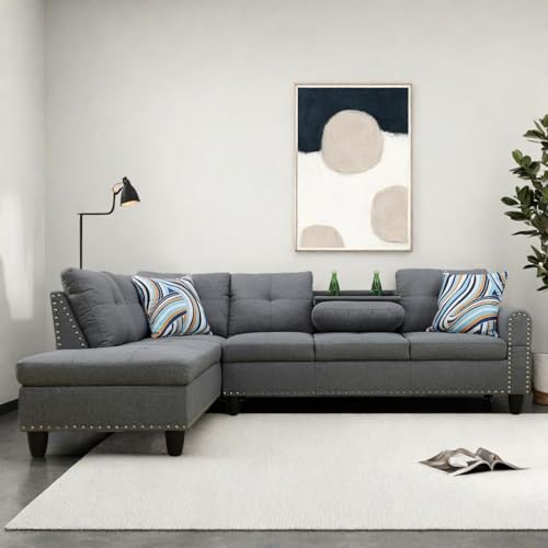 ChicFurnit Couch, L-Shaped Sofa with Chaise and Cup Holders, Space Saving Sectional Couches for Living Room, Modern Grey Leather Couch for Apartments, Family or Home Office, Grey