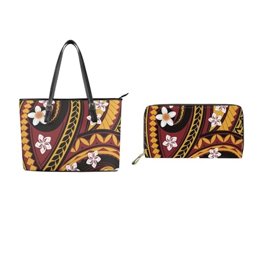 Purse Sets for Women 2Pcs Polynesian Print Large Capacity Tote Handbag Travel Bags Zippered Coin Card Purse Pouch