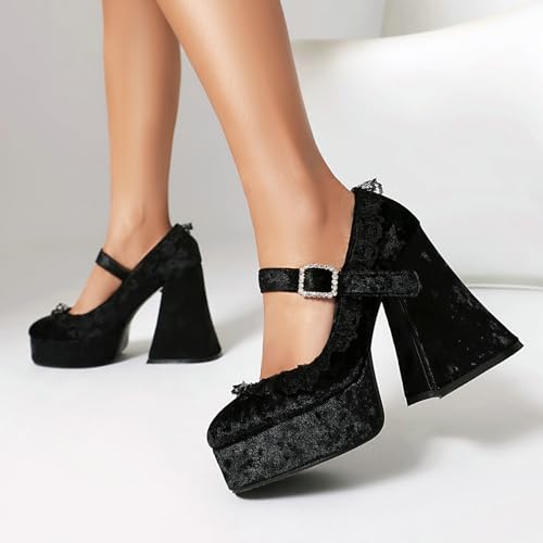 LUXMAX Women's Goth Lolita Shoes Platform Mary Janes Chunky Heel Pumps Lace Flower Gothic Heels Cosplay Shoes4