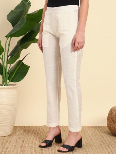 Image of Vogaan Women's Cotton Silk Pant | Half-Elasticated Waist Slim Fit Trouser for Women | Casual Pocket Pants for Office Formal Daily Use