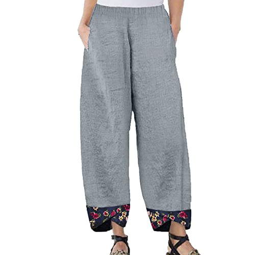 Maiyifu-GJ Women's Printed Linen Wide Leg Pants Summer Elastic Waist Beach Harem Trousers Lightweight Cropped Bottoms Pants (Grey,Medium)