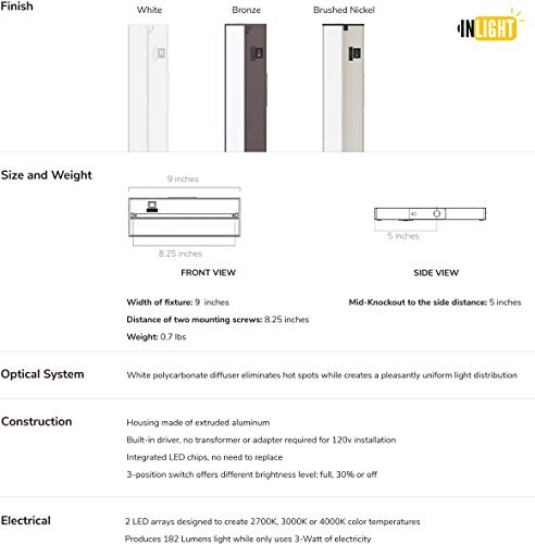 Image of GETINLIGHT 9-Inch Linkable 3CCT LED Under Cabinet Light, Hardwired /Plug-in
