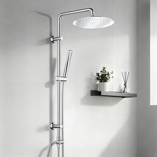 Görbach Columna Ducha Hidromasaje sin Grifo Barra Ducha en Acero Inoxidable de Altura Adjustable Set Ducha con Ducha Mano y Alcachofa Rociador Superior en Acero INOXI D25cm