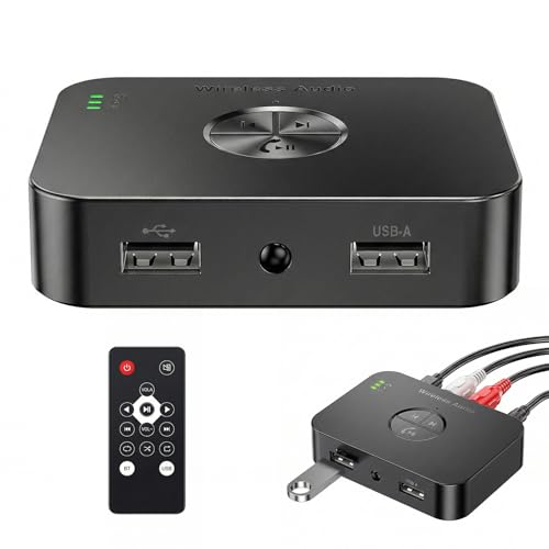 Adaptador Bluetooth 6.0 Estéreo: Transmisor Bluetooth Receptor, con 3.5mm Aux RCA USB Jack, Adaptador Audio Inalámbrico, para Estéreo, Teléfono, Altavoz, Pc, Tableta, Portátil