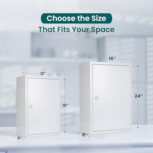 Wall Mounted Locking Medicine Cabinet - Metal Medicine Cabinet with Lock, Double Security Door for Safe Medicine Storage, Adjustable Shelf, White, 12\" W x 18\" H x 6\" D - Thumbnail 7