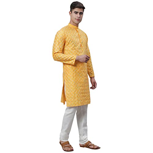 Image of SOJANYA (Since 1958 Men's Silk Blend NavyBlue Kurta with Multi Color Embroidery and Off-White Pyjama